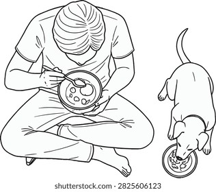 Vector line art illustration of man and dog mealtime