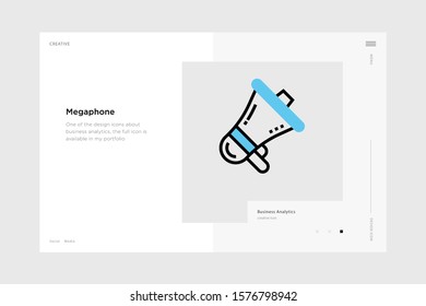 vector line art illustration megaphone icon wrapped with a website landing page template. soft and smooth color design