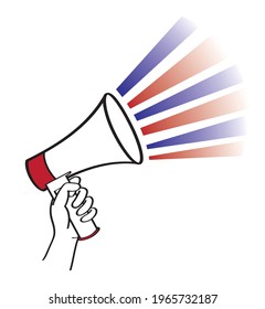 Vector line art illustration of a megaphone in the hand with the sound coming from it. Chants at sports matches, football, calls at protest movements, rallies