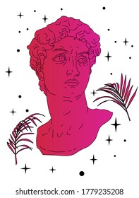 Vector line art illustration of Michelangelo's David head sculpture. Trendy fashion print for t-shirt in Vaporwave style.