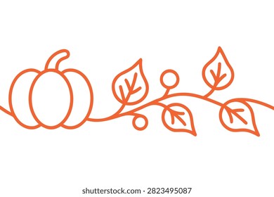 Vector line art illustration of a minimalist orange autumn border featuring a pumpkin connected to a winding vine with detailed leaves and small berries, isolated on a white background, perfect for Thanksgiving greeting cards, fall harvest decorations, autumn event invitations, stickers, t-shirt prints, and seasonal horizontal dividers.