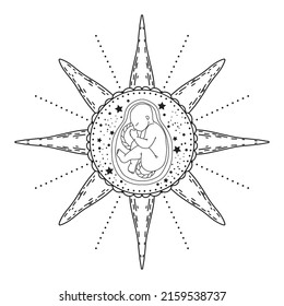 Vector  line art illustration of a newborn baby in star. Sleeping baby for greeting cards, postcards, invitations, banners, illustrations, books, covers.