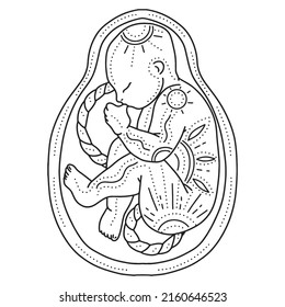 Vector  line art illustration of a newborn. Linear sleeping baby for creating greeting cards, postcard, invitations, banners, arrangement illustrations, books, covers.