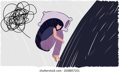 Vektorgrafik-Illustration. Auf dem Kissen liegt die Silhouette einer einsamen Frau, die ihre Knie umarmt. Emotionen sind am Rande, Gedanken sind verwirrt. Das Konzept der Traurigkeit, Einsamkeit, Depression.