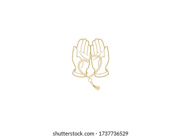 Vector Line Art  Illustration. Open Hands Prayer With Islamic Rosary On White Background. Isolated, Muslim Religion Symbol. Pray Icon, Hand Prayer.