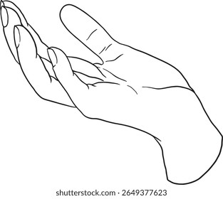 Vector line art illustration of an open hand gesture, palms facing up. Ideal for concepts of giving, receiving, offering, holding, or showing. Simple, clean black and white outline for various designs