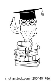 Vector line art illustration of owl sitting on books wearing mortarboard. Education symbol isolated of white background.