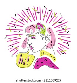 Ilustración artística de una chica de cabello rosado con una rosa en el pelo y una burbuja de habla "¡Hola!" Retrato estilizado brillante dibujado a mano.