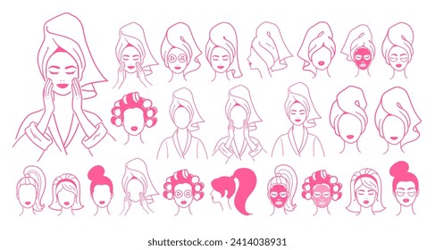 Vector line art illustration pink colored  set of women making beauty routines. Hair towel, curlers and hairstyles. 