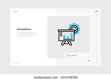 vector line art illustration presentation icon wrapped with a website landing page template. soft and smooth color design
