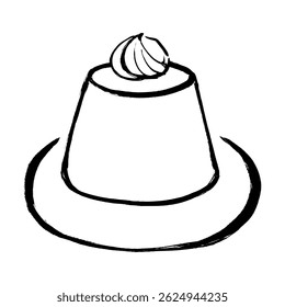 Vector line art illustration of pudding with brush-style cream on top.