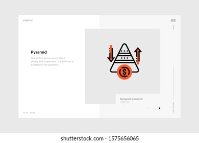 vector line art illustration pyramid icon wrapped with a website landing page template. soft and smooth color design