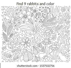 Vector line art illustration of rabbits among flowers and plants. Coloring page with animals. Find hares and color activity