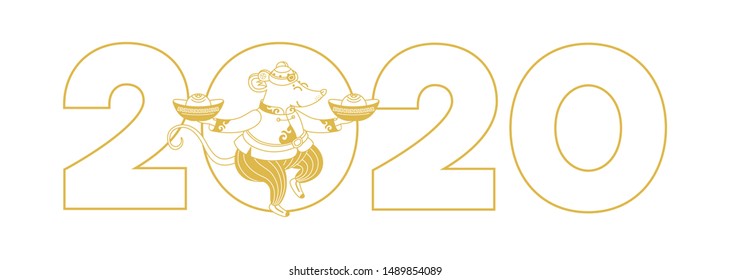 Vector line art illustration of Rat zodiac sign, symbol of 2020 on the Chinese calendar in lineart style. Mouse in traditional Chinese costume, gold ingots. White Metal Rat. Chinese elements
