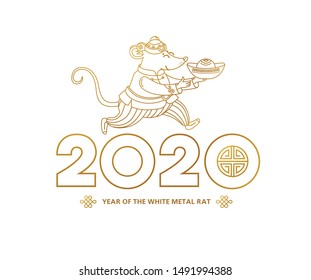 Vector line art illustration of Rat zodiac sign, symbol of 2020 on the Chinese calendar in lineart style.Mouse in traditional Chinese costume, gold ingot. White Metal Rat.Chinese elements for New Year
