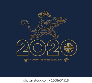 Vector line art illustration of Rat zodiac sign, symbol of 2020 on the Chinese calendar in lineart style. Dancing mouse in traditional Chinese costume, gold ingot. White Metal Rat. Chinese elements.