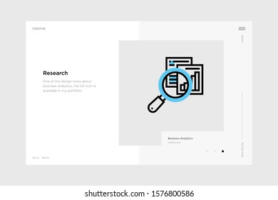 vector line art illustration research icon wrapped with a website landing page template. soft and smooth color design