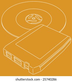 Vector line art illustration of a retro 8-track tape and a 45 RPM single record.
