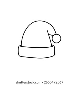 Vector line art illustration of a Santa hat. Minimal and festive black and white drawing, perfect for Christmas design, stickers, icons, and greeting cards.