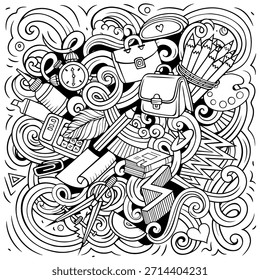 Ilustración de arte de línea de Vector de objetos escolares y educativos, suministros, libros y Elementos de aprendizaje en estilo doodle.
