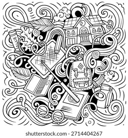 Ilustración de arte de línea de Vector de objetos escolares y educativos, suministros, libros y Elementos de aprendizaje en estilo doodle.