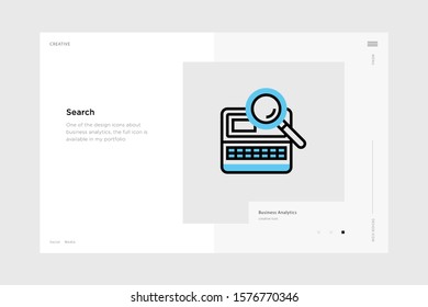 vector line art illustration search icon wrapped with a website landing page template. soft and smooth color design