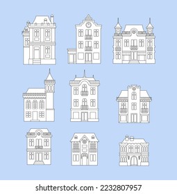 Ilustración de arte de línea de vector. El conjunto se compone de nueve casas de estilo antiguo con torres y balcones de fondo azul.