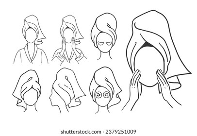 Vector line art illustration set of female faceless portraits heads with hair towel