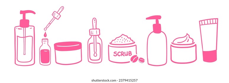 Vector line art illustration set of cream and lotion bottles