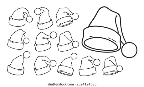 Vector line art  illustration set of isolated Santa Hats design elements