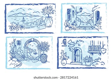 Vector line art illustration set with beautiful Mediterranean landscapes and cozy coastal towns. Hand-drawn blue doodle bundle featuring four scenic post cards: sea view with a sailboat, arched stone window view, narrow street with a lantern, and a village house wall with a balcony and potted plants