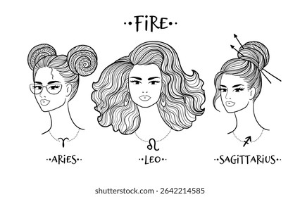 Vector line art illustration showing three elegant female portraits that personify the fire element in astrology. Aries, Sagittarius and  Leo.