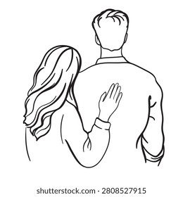 Vector line art illustration showing a back view of a romantic young couple. Cozy black and white doodle sketch featuring a woman with long wavy hair putting her hand gently on a man's back. Isolated on a transparent background