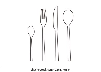 Vector  Line Art illustration - small spoon, fork, knife, big spoon