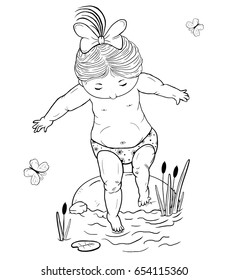 Vector line art illustration  of a small   girl  on a stone takes a step into the water .  Black and white.