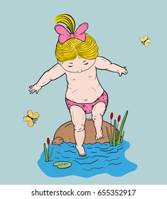 Vector line art illustration  of a small   girl  on a stone takes a step into the water 