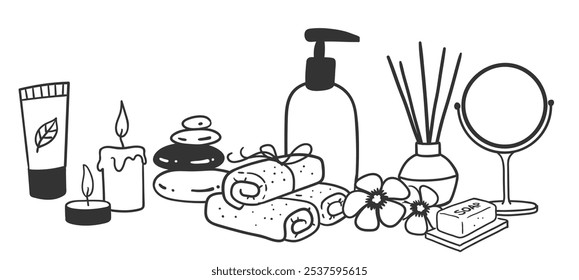 Vector line art illustration of spa still life accessories