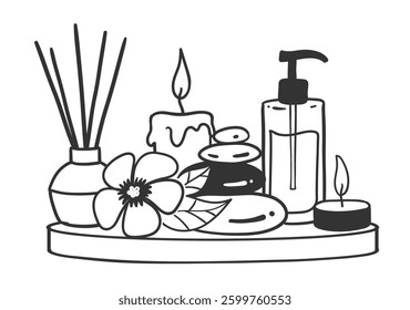 Vector line art illustration of spa aromatherapy and massage accessories
