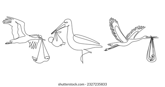 Vector line art illustration of strork with a new born baby for minimalist postcard or baby shower card. Stork delivering baby. Continuous line art drawing.