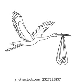 Vector line art illustration of strork with a new born baby for minimalist postcard or baby shower card. Stork delivering baby. Continuous line art drawing.