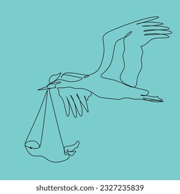 Vector line art illustration of strork with a new born baby for minimalist postcard or baby shower card. Stork delivering baby. Continuous line art drawing.