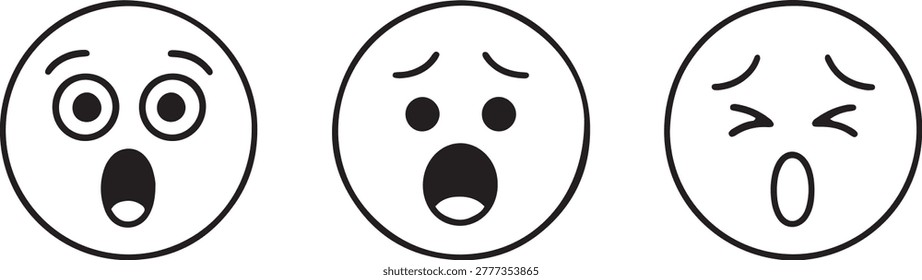 Vector line art illustration of three distinct black and white emoji faces: wide-eyed surprise, open-mouthed shock, and a sleepy yawn, isolated.