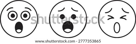 Vector line art illustration of three distinct black and white emoji faces: wide-eyed surprise, open-mouthed shock, and a sleepy yawn, isolated.
