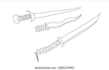 Vector line art illustration of traditional swords. Includes various sword designs with unique blade shapes, suitable for historical, fantasy, and martial arts themes. 