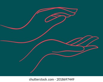 vector line art illustration of two hands palms facing each other isolated on blue background. useful as part of the illustration in which you need to add hands, web and graphic design, advertisement