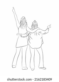 Vector line art illustration of two girls standing together , best friends, girl friends having fun - back view. Minimalist black linear sketch isolated on white background.