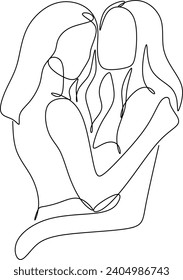 Vector line art illustration of two girls standing together, best friends, girlfriends having fun. Vector illustration without artificial intelligence