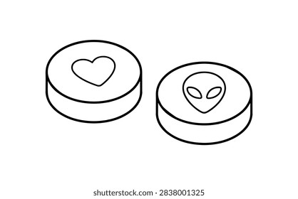 A vector line art illustration of two MDMA ecstasy pills. Minimalist outline graphic showing round drug tablets stamped with heart and alien head symbols 