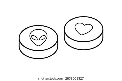 A vector line art illustration of two MDMA ecstasy pills. Minimalist outline graphic showing round drug tablets stamped with heart and alien head symbols 