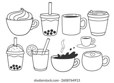 Vector line art illustration of various coffee, tea, and juice cups, including bubble tea and espresso.
